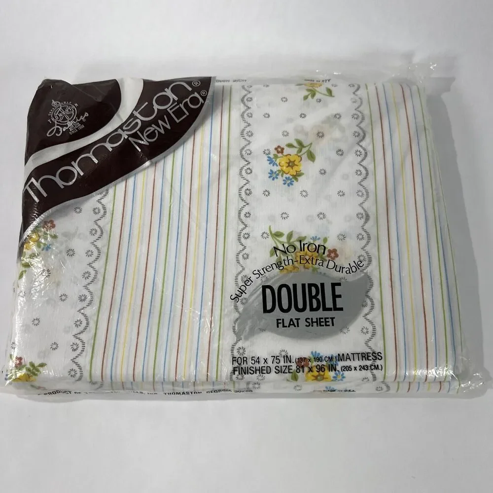 New VTG THOMASTON‎ NEW ERA No Iron Double Fitted Flat Sheet Striped Floral 54x75